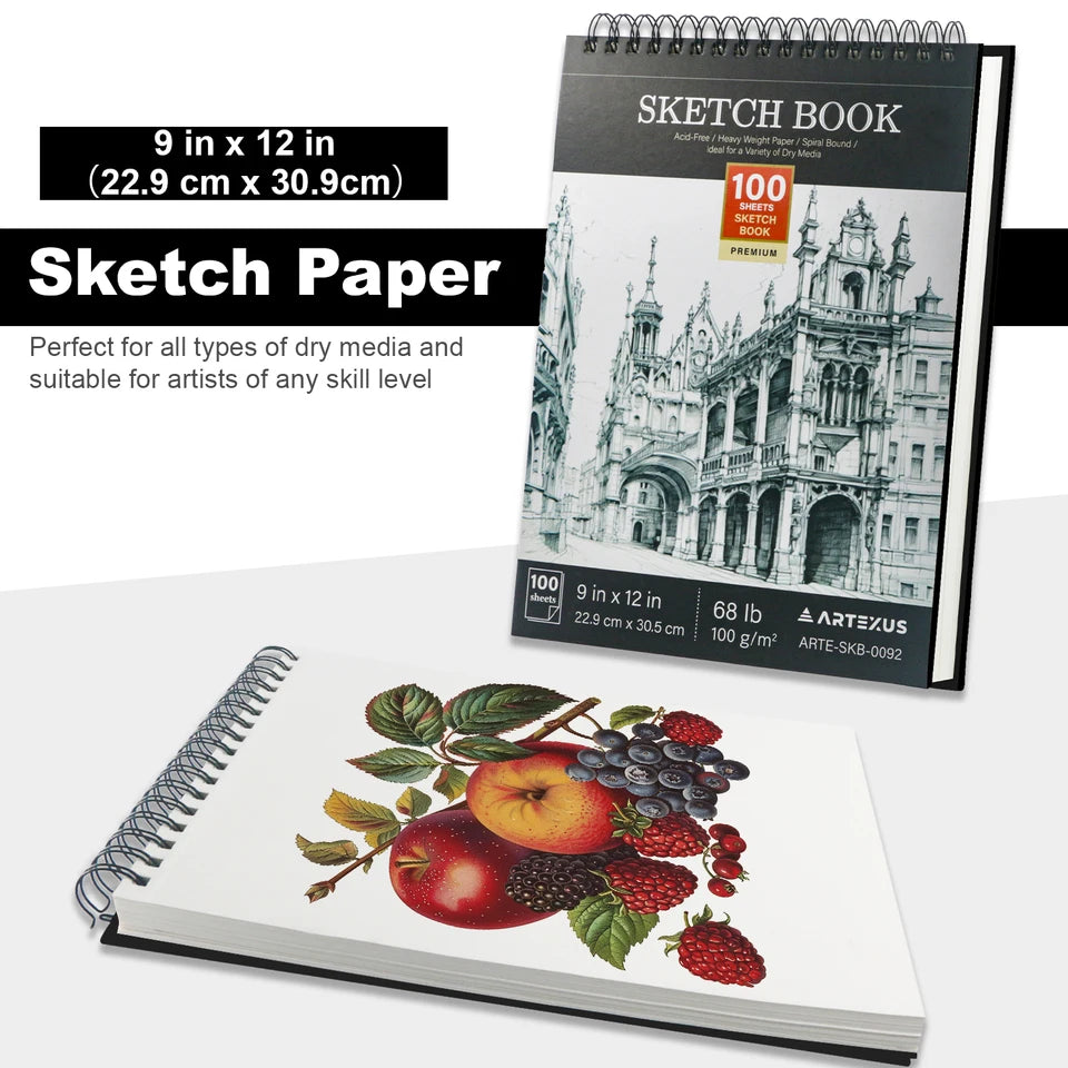 9" x 12" Sketch Book, Top Spiral Bound Sketch Pad, 100 Sheets 68lb/100gsm Drawing Paper, 1 Pack