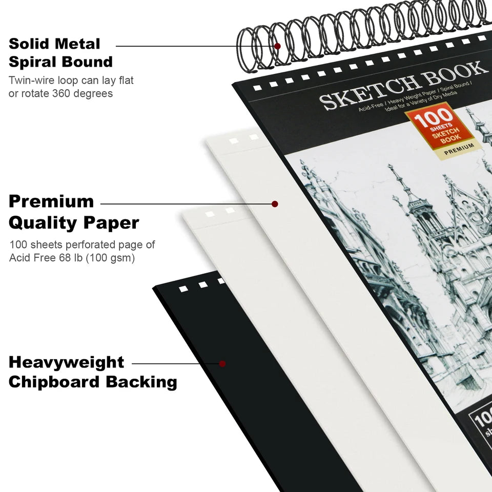 9" x 12" Sketch Book, Top Spiral Bound Sketch Pad, 100 Sheets 68lb/100gsm Drawing Paper, 1 Pack